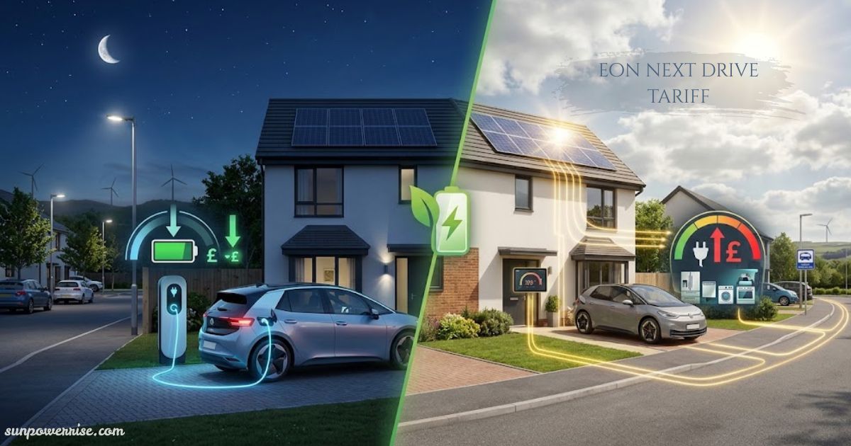 EON Next Drive tariff comparison showing cheaper overnight EV charging and daytime electricity costs with solar power.