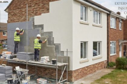 External wall insulation cost for a house with workers installing exterior insulation panels.