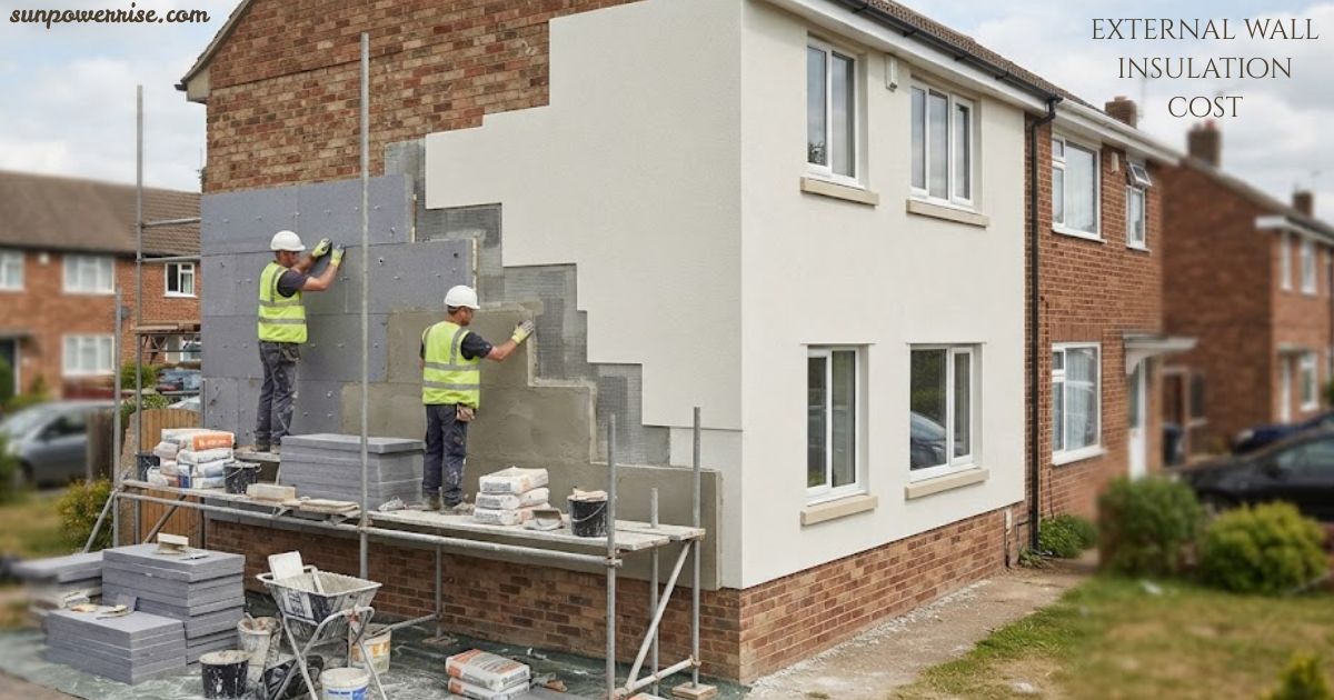 External wall insulation cost for a house with workers installing exterior insulation panels.