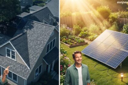 Garden solar panels on a rooftop and ground-mounted system, showcasing solar energy generation for homes.
