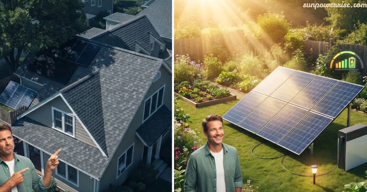 Garden solar panels on a rooftop and ground-mounted system, showcasing solar energy generation for homes.