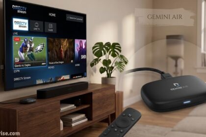 Gemini Air streaming device and remote shown in a living room.