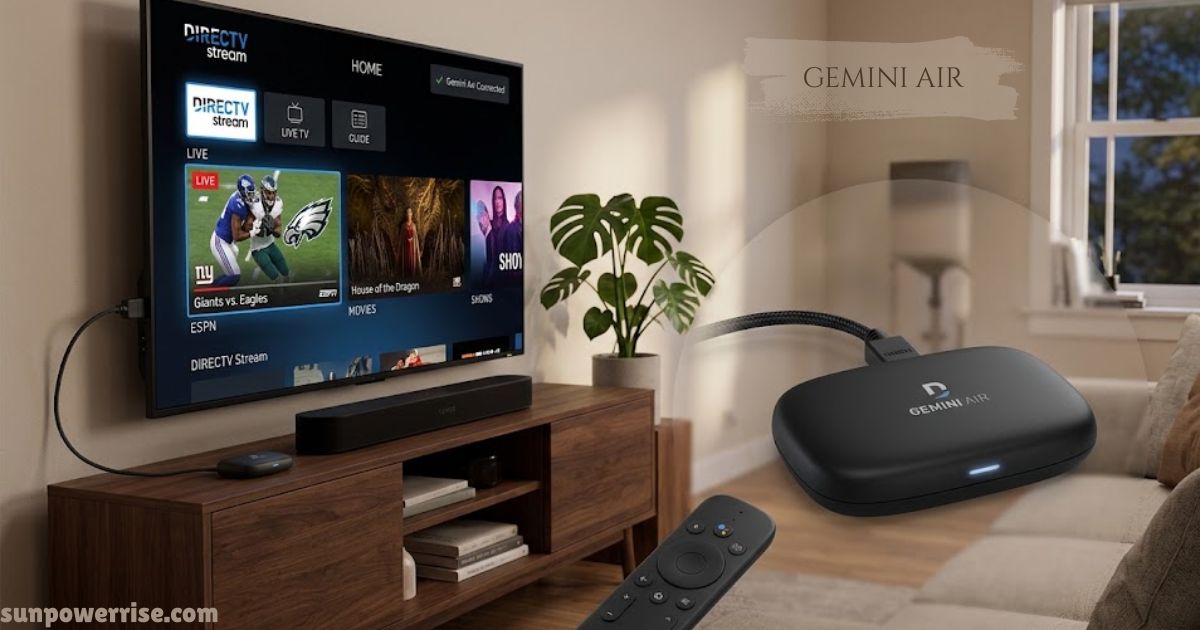 Gemini Air streaming device and remote shown in a living room.
