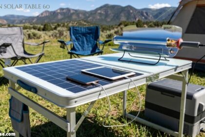 GoSun Solar Table 60 powering devices at a lakeside camping site.