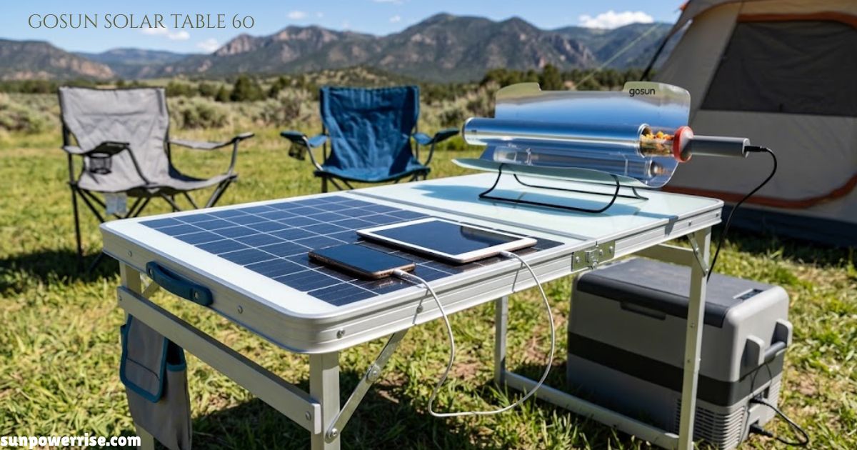 GoSun Solar Table 60 powering devices at a lakeside camping site.