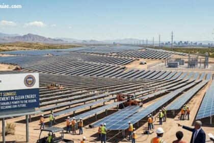 Government solar investment Britain 2026 shown through a large-scale solar farm with workers installing panels