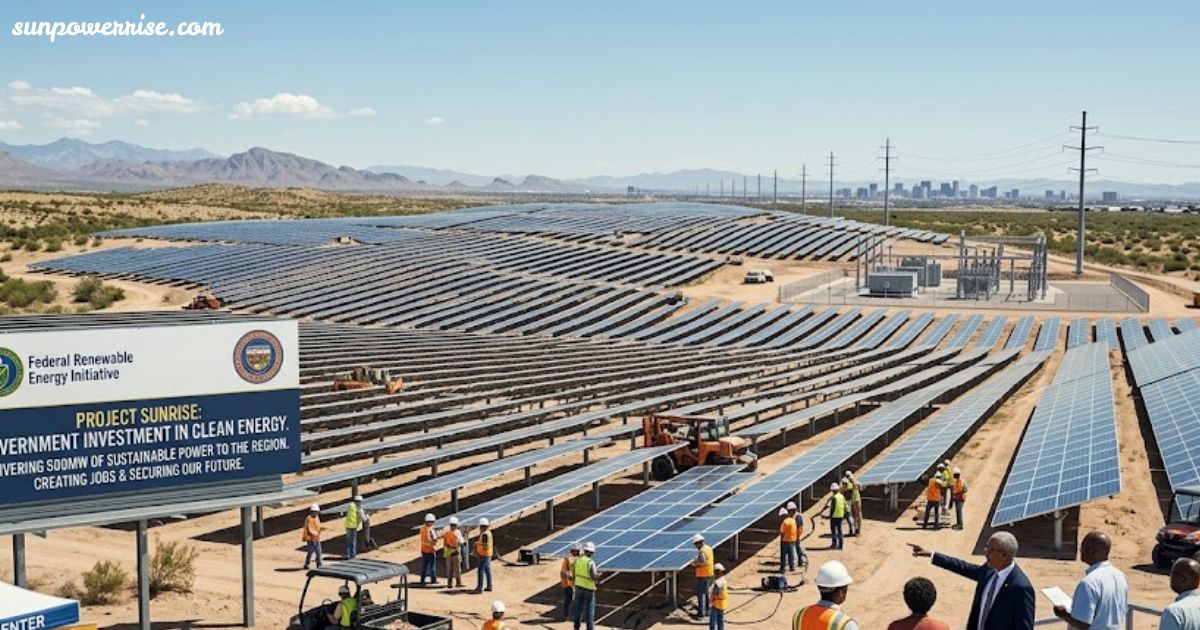 Government solar investment Britain 2026 shown through a large-scale solar farm with workers installing panels