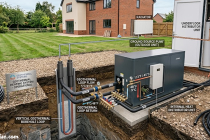 Ground source heat pump installation showing geothermal loop pipes connected to a residential heating system