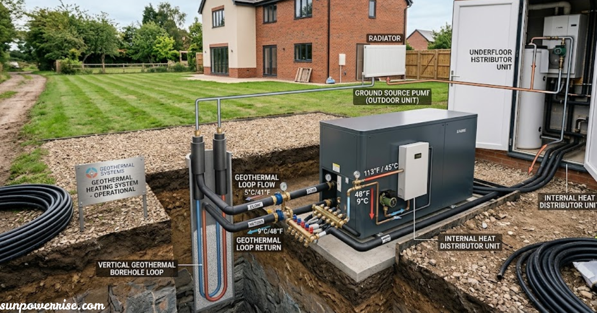 Ground source heat pump installation showing geothermal loop pipes connected to a residential heating system