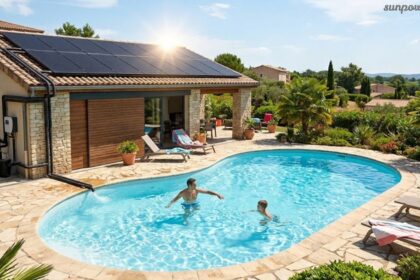 Heating a swimming pool with solar panels on a sunny home