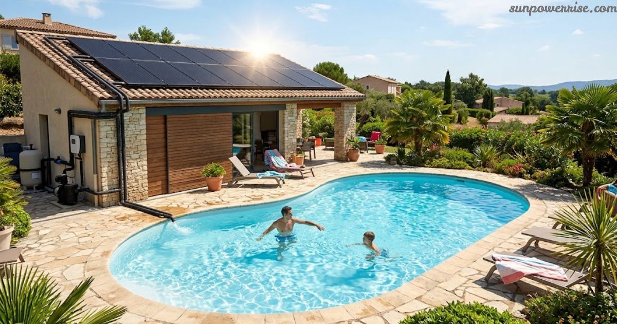 Heating a swimming pool with solar panels on a sunny home