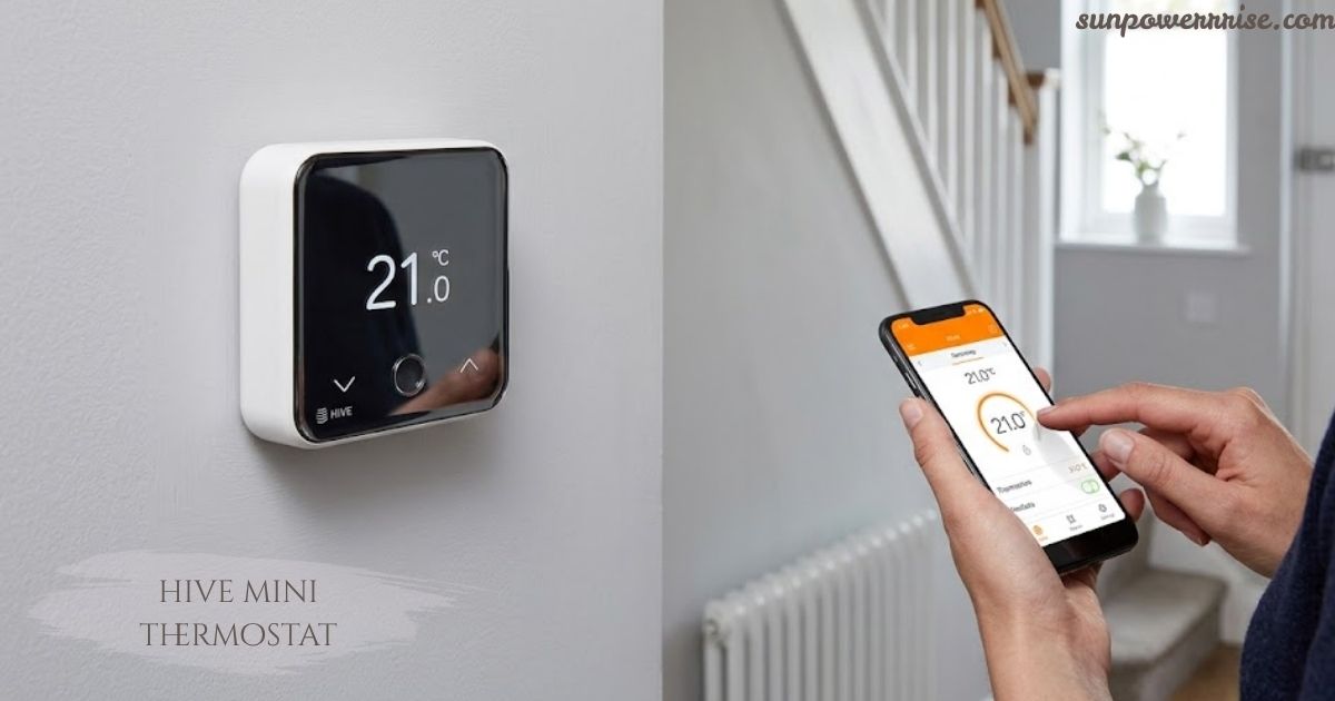 Hive Mini Thermostat displaying 21°C with smartphone temperature control app.