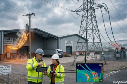 HV electrical infrastructure supplying an industrial facility with high-voltage power lines and transformers.