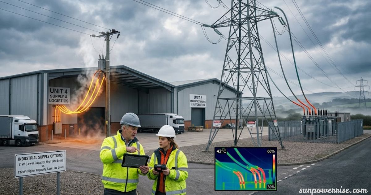 HV electrical infrastructure supplying an industrial facility with high-voltage power lines and transformers.
