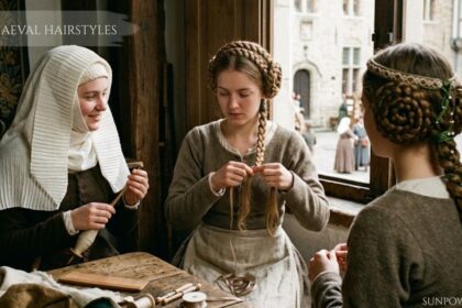 Mediaeval hairstyles featuring women styling intricate braided hairdos in a traditional medieval setting.