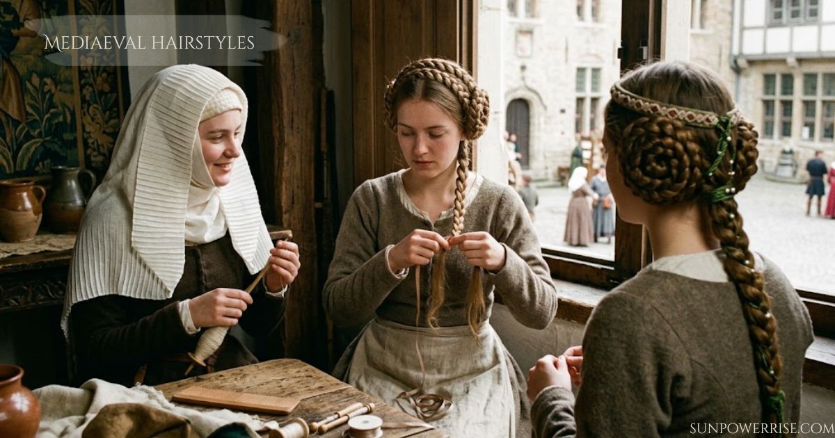 Mediaeval hairstyles featuring women styling intricate braided hairdos in a traditional medieval setting.