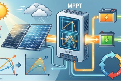 MPPT solar charge controller optimizing power from solar panels for battery storage.