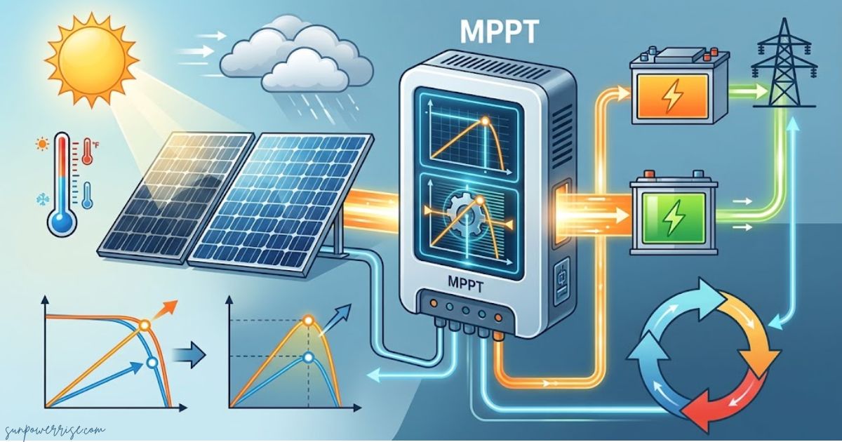 MPPT solar charge controller optimizing power from solar panels for battery storage.