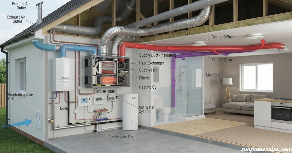 MVHR ventilation system with insulated supply ducts, heat exchanger, and fresh air intake.