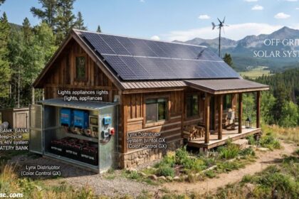 Off grid solar system powering a remote home with rooftop solar panels and battery storage