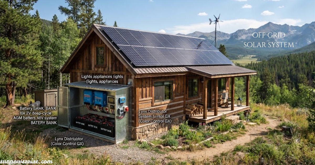 Off grid solar system powering a remote home with rooftop solar panels and battery storage