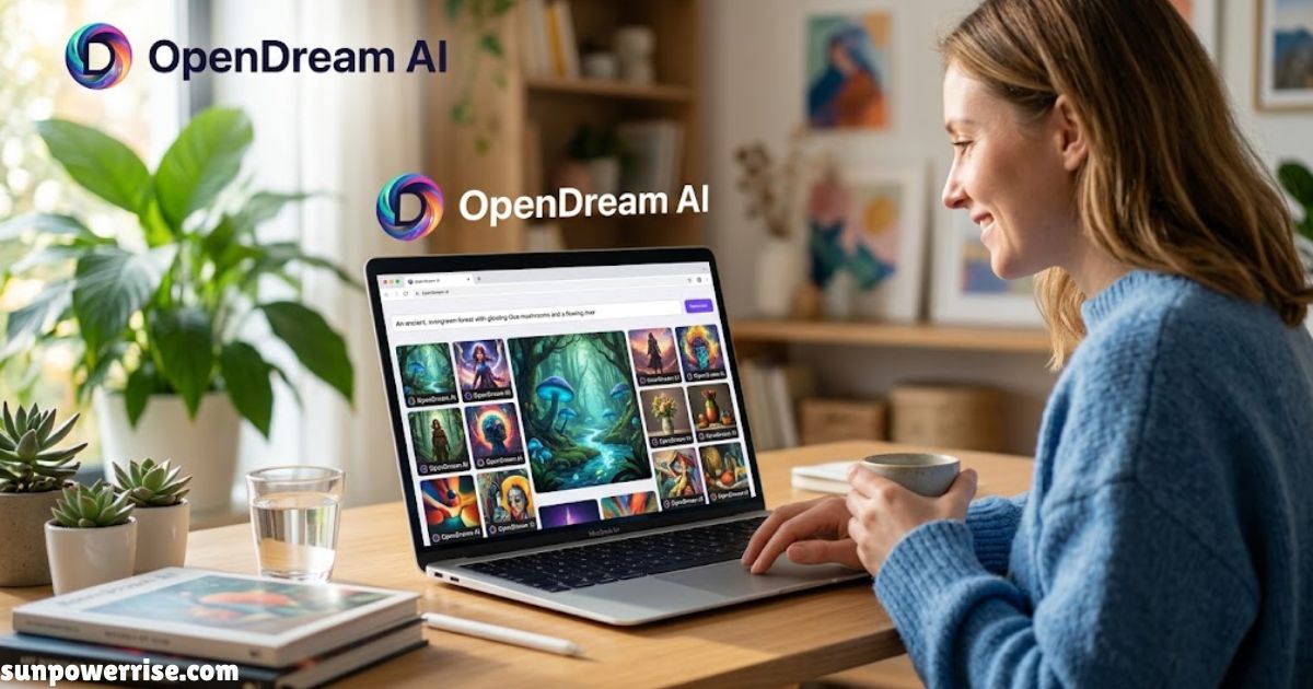 Woman using OpenDream AI on a laptop