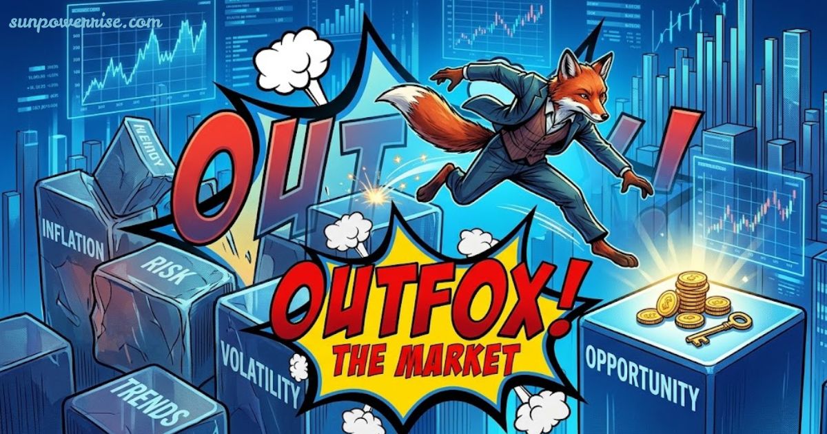 Outfox the Market reviews concept showing a fox investor, stock charts, market trends, and trading success.