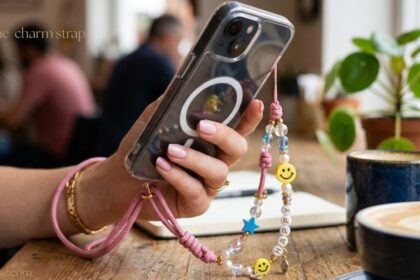 Phone charm strap with colorful beads, smiley face charms, and a pink wrist loop attached to a smartphone.