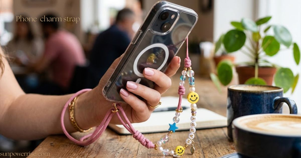 Phone charm strap with colorful beads, smiley face charms, and a pink wrist loop attached to a smartphone.