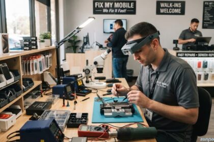 Phone repair shop technician repairing a smartphone with professional tools