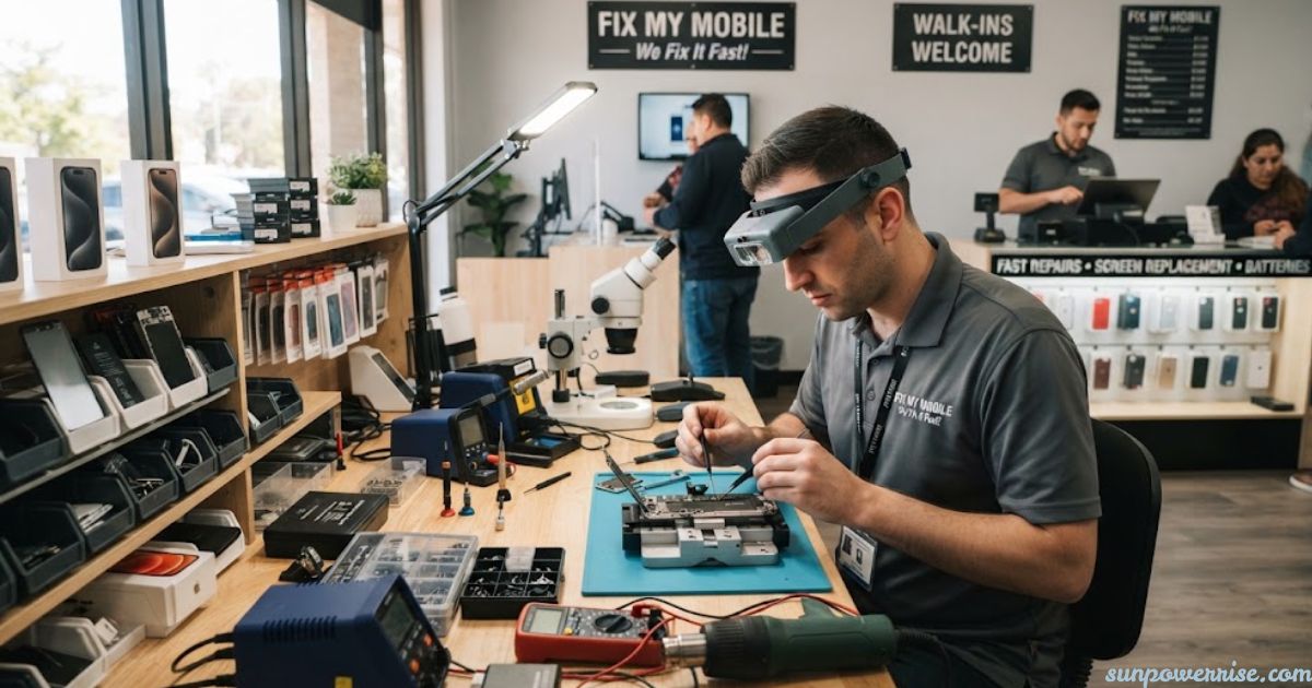 Phone repair shop technician repairing a smartphone with professional tools