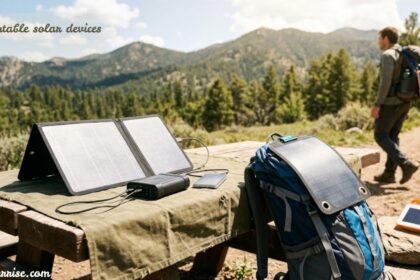Portable solar devices, including foldable solar panels and chargers, powering outdoor gear.