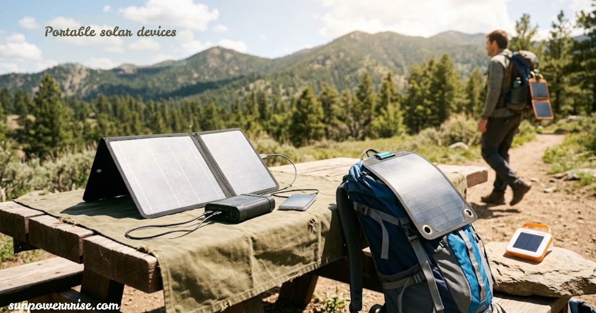 Portable solar devices, including foldable solar panels and chargers, powering outdoor gear.
