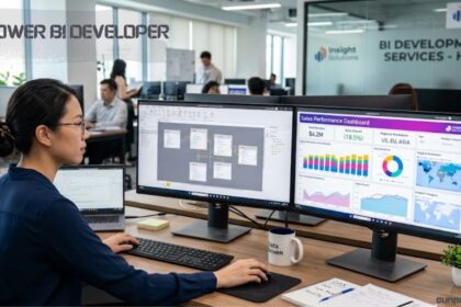 Power BI developer working at a desk with dual monitors displaying a data model and sales performance dashboard