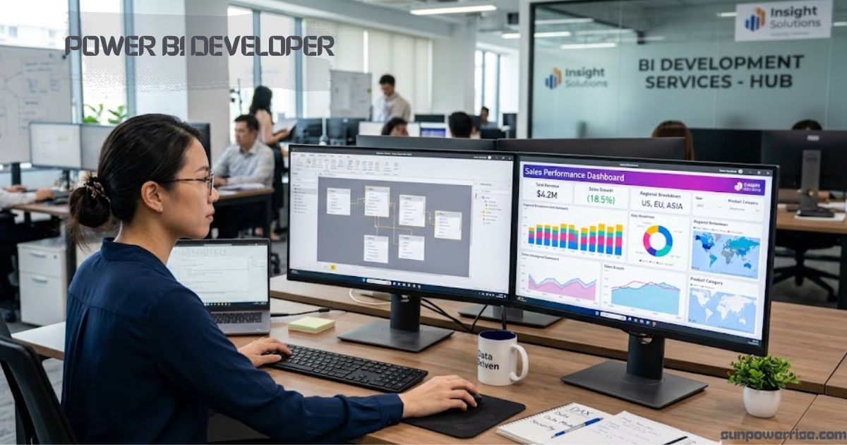 Power BI developer working at a desk with dual monitors displaying a data model and sales performance dashboard