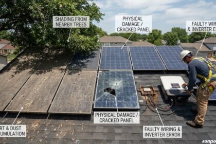 Problems with solar panels including dirt, cracked panels, and faulty wiring