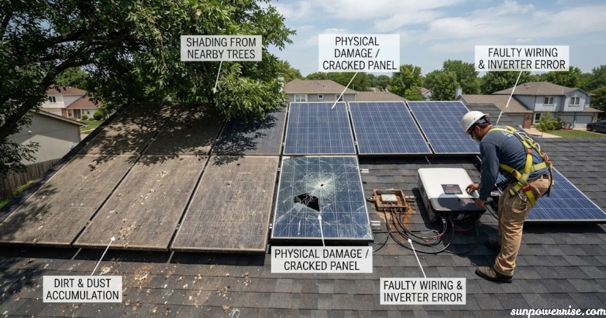 Problems with solar panels including dirt, cracked panels, and faulty wiring