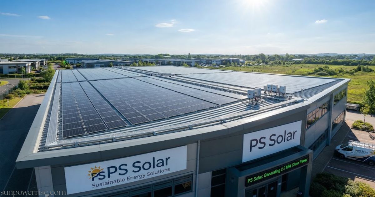 PS Solar rooftop installation with solar panels on a commercial building, showcasing sustainable energy solutions.