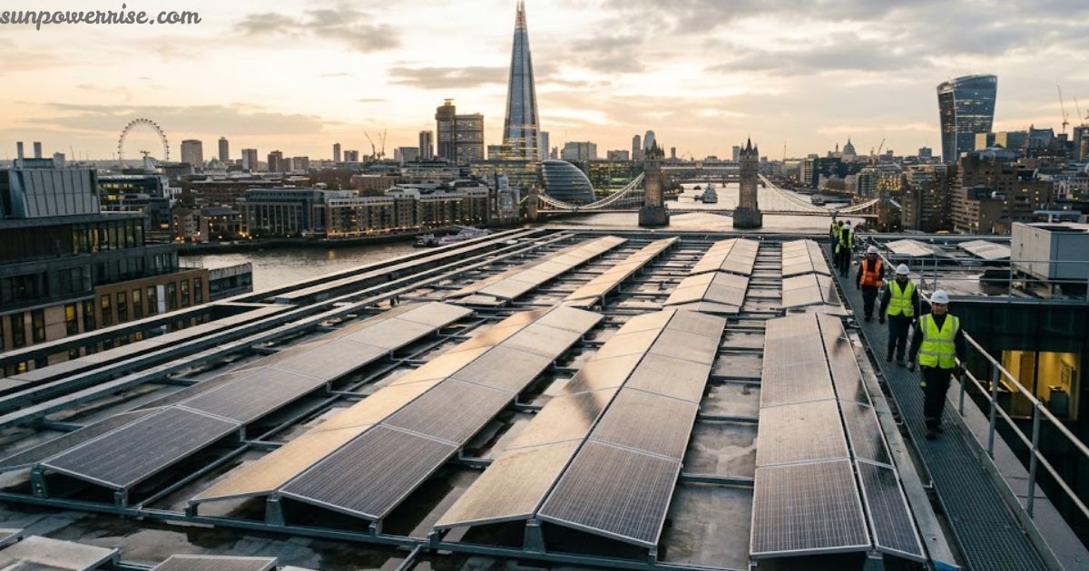 PV panels London installed on a rooftop near Tower Bridge