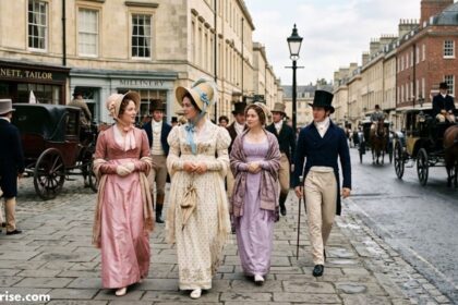 Regency era fashion featuring elegantly dressed men and women in period clothing walking through a historic city street.