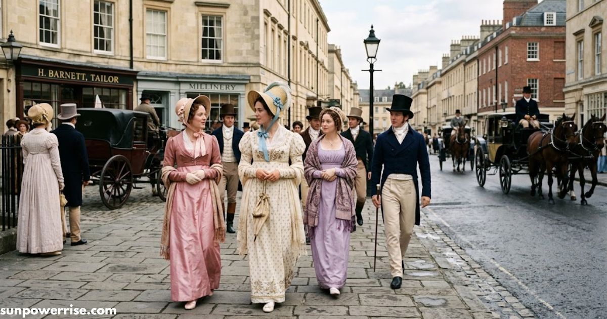 Regency era fashion featuring elegantly dressed men and women in period clothing walking through a historic city street.