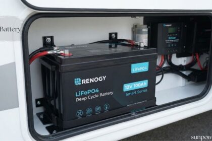 Renogy battery installed in an RV power compartment for off-grid energy storage.