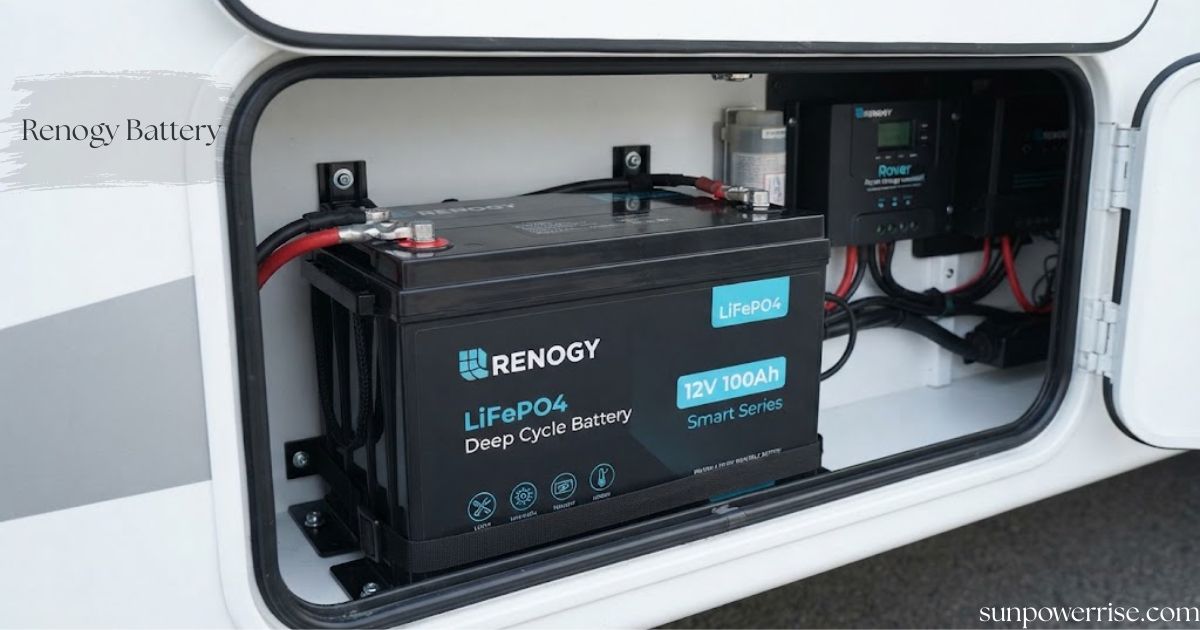 Renogy battery installed in an RV power compartment for off-grid energy storage.