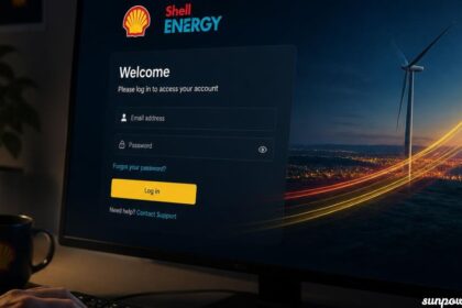 Shell Energy login screen displayed on a desktop monitor with an email and password form.