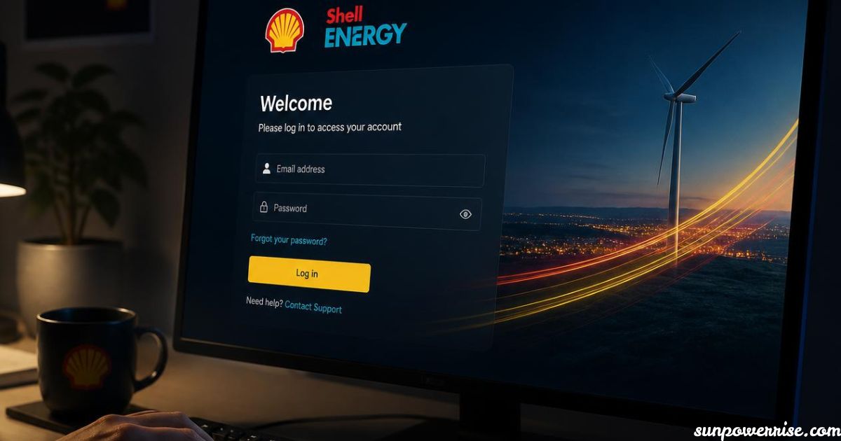 Shell Energy login screen displayed on a desktop monitor with an email and password form.