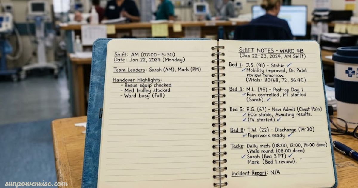 Shift notes for recording workplace tasks and handover details