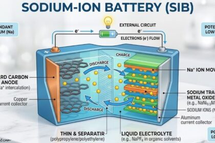 Sodium ion battery diagram showing sodium-ion movement, hard carbon anode, metal oxide cathode, liquid electrolyte, and electron flow.