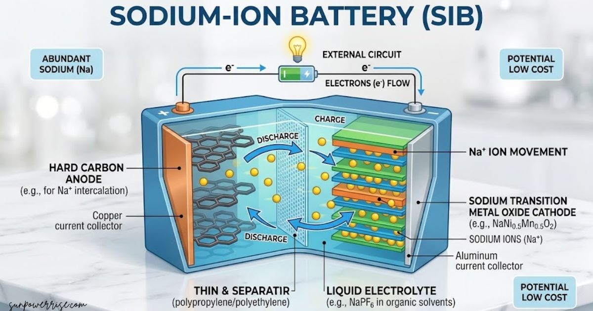 Sodium ion battery diagram showing sodium-ion movement, hard carbon anode, metal oxide cathode, liquid electrolyte, and electron flow.