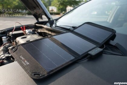 Solar car battery charger using sunlight to charge a vehicle battery.