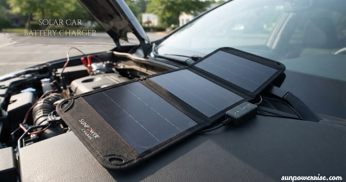 Solar car battery charger using sunlight to charge a vehicle battery.
